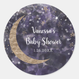 Pegatina Redonda Fantasioso Baby Shower de Luna Estrellas Doradas y