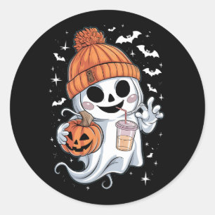 Pegatina Redonda Fantasma Adorable Bebiendo Café Halloween Café Hel