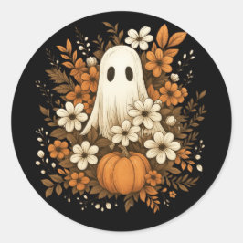 Pegatina Redonda Fantasma Adorable Con Calabaza Y Flores De Otoño –