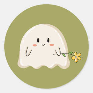 Pegatina Redonda Fantasma Adorable Sosteniendo una Flor Amarilla