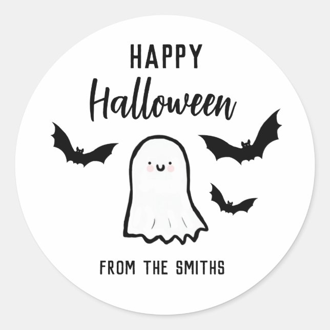 Pegatina Redonda Fantasma Amigable de Halloween Feliz (Anverso)