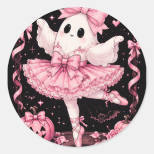 Pegatina Redonda Fantasma Bailarina Coquette de Halloween con Lazo
