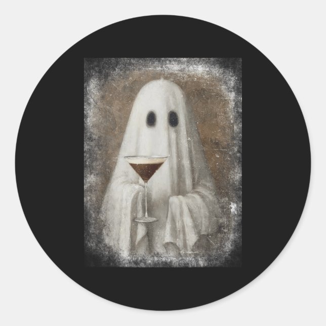 Pegatina Redonda Fantasma bebiendo Martini de Espresso Halloween Es (Anverso)