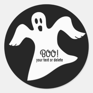 Pegatina Redonda ¡Fantasma blanca de Halloween diciendo BOO!
