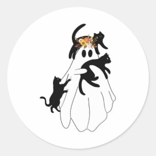 Pegatina Redonda Fantasma Con Un Gato Negro Lazy Halloween Lover