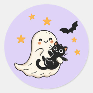 Pegatina Redonda Fantasma Cuadridículamente y gato negro - Hallowee