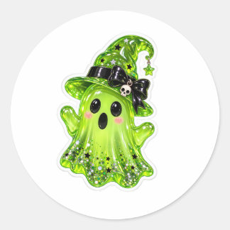 Pegatina Redonda Fantasma de baba verde mágica con sombrero de bruj