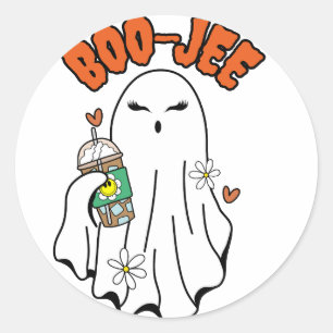 Pegatina Redonda Fantasma de Boo-Jee Halloween con café helado en l