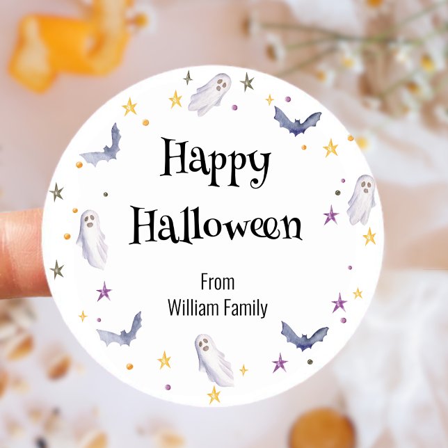 Pegatina Redonda Fantasma de color de agua dulce Halloween (Cute Watercolor Ghost Happy Halloween Classic Round Sticker)