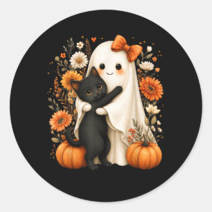Pegatina Redonda Fantasma de Halloween abrazando gato negro floral 