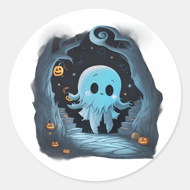 Pegatina Redonda Fantasma de Halloween Adorable - Fantasma Cuta Fan (Anverso)