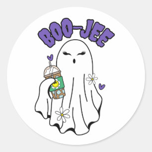 Pegatina Redonda Fantasma de halloween Boo-Jee Cute con café helado