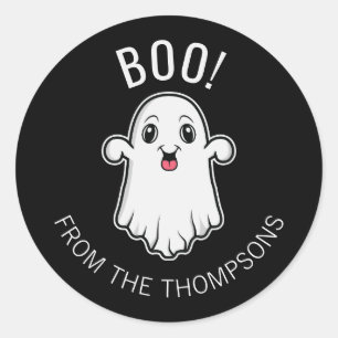 Pegatina Redonda Fantasma de Halloween Boo Texto Personalizado Negr