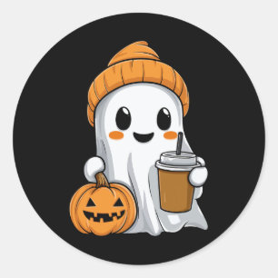 Pegatina Redonda Fantasma De Halloween Con Graciosa Calabaza De Caf
