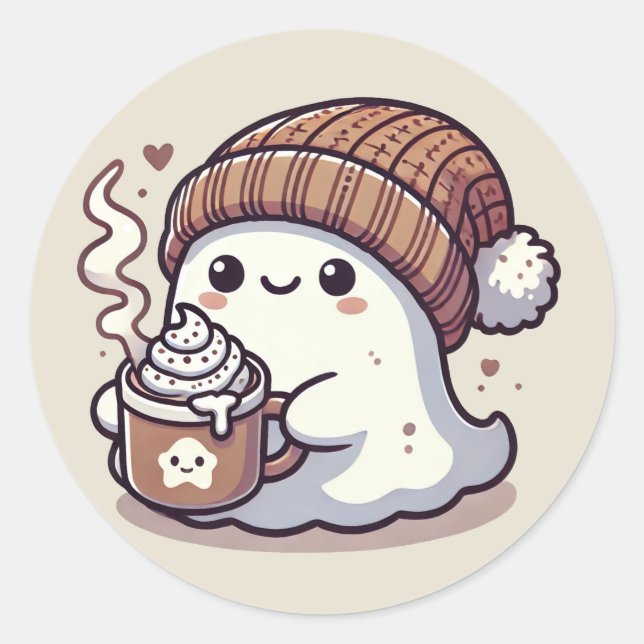Pegatina Redonda Fantasma de Halloween en otoño en Beanie y cacao c (Anverso)