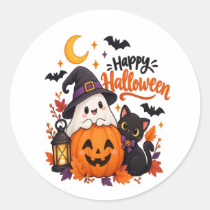 Pegatina Redonda Fantasma de Halloween Feliz Lindo Calabaza Gato Ne