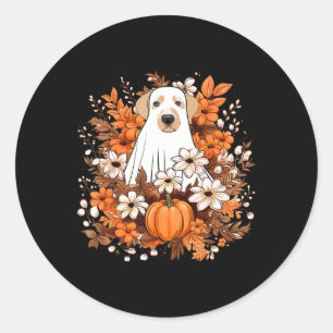 Pegatina Redonda Fantasma De Perro Con Calabaza Halloween Otoño