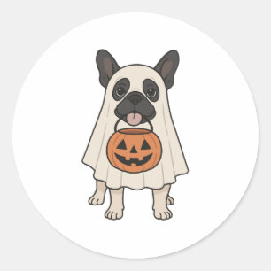 Pegatina Redonda Fantasma de perro de Halloween en el Bulldog franc