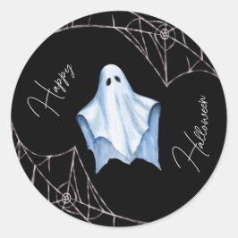 Pegatina Redonda Fantasma de Sábana Blanca y Telarañas Negras Hallo