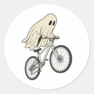 Pegatina Redonda Fantasma divertido de Halloween montando bicicleta