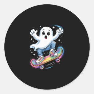 Pegatina Redonda Fantasma En Monopatin Disfraz Divertido De Hallowe