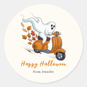 Pegatina Redonda Fantasma en Scooter Halloween Halloween