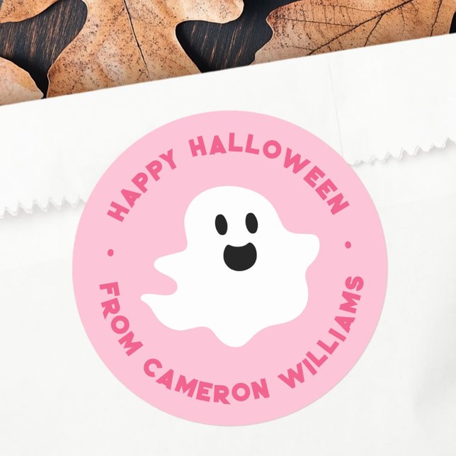 Pegatina Redonda Fantasma fantasmal Feliz saludo de Halloween rosa (Spooky ghost Happy Halloween greeting pink Classic Round Sticker)