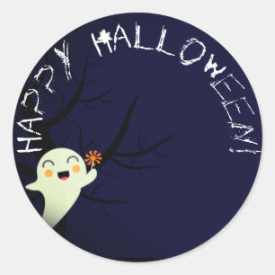 Pegatina Redonda Fantasma feliz en una noche estrellada de Hallowee