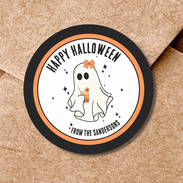 Pegatina Redonda Fantasma Feliz Halloween (Cute Ghost Happy Halloween Classic Round Sticker)