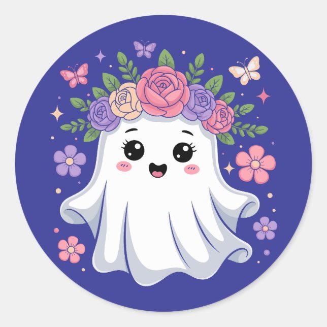 Pegatina Redonda Fantasma floral cúpula Kawaii Fantasma Halloween (Anverso)