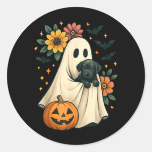 Pegatina Redonda Fantasma Floral Perro Negro Coqueta Halloween Dive