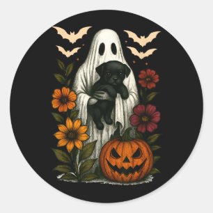Pegatina Redonda Fantasma Floral Perro Negro Coqueta Halloween Dive