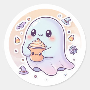 Pegatina Redonda Fantasma Kawaii con calabaza latte - Halloween S