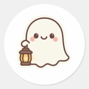 Pegatina Redonda Fantasma Kawaii con linterna - Diseño de espíritu 