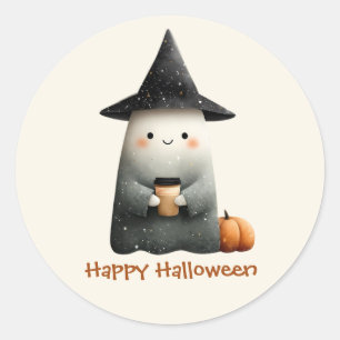 Pegatina Redonda Fantasma lindo con café Halloween