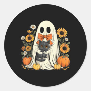 Pegatina Redonda Fantasma Lindo Con Calabaza De Halloween De Gato N
