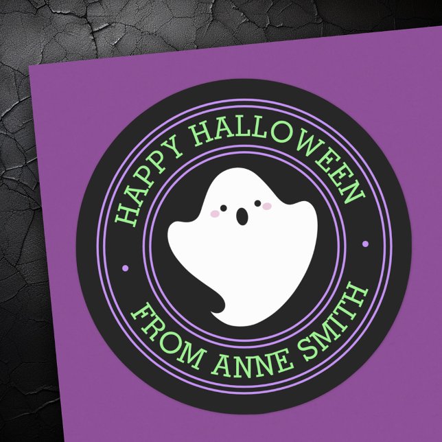 Pegatina Redonda Fantasma lindo Feliz Halloween de nombre personali (Cute ghost Happy Halloween from custom name Classic Round Sticker)