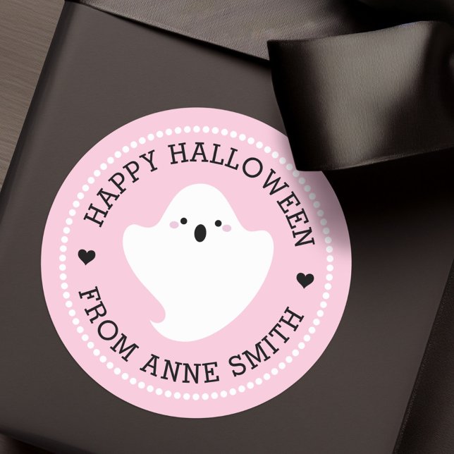 Pegatina Redonda Fantasma lindo Feliz Halloween de nombre personali (Cute ghost Happy Halloween from custom name pink Classic Round Sticker)