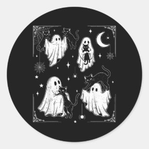 Pegatina Redonda Fantasma Lindo Sosteniendo Gato Divertido Hallowee