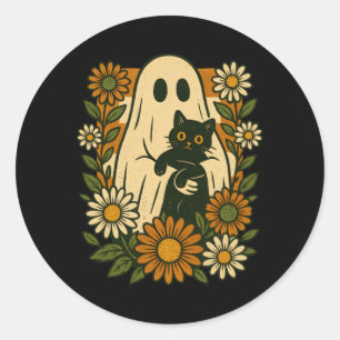 Pegatina Redonda Fantasma Lindo Sosteniendo Gato Negro Floral Diver