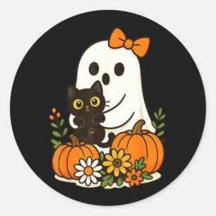 Pegatina Redonda Fantasma Lindo Sosteniendo Gato Negro Floral Groov
