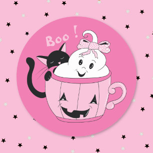 Pegatina Redonda Fantasma Lindo y Espeluznante Gato Negro Rosa Pega