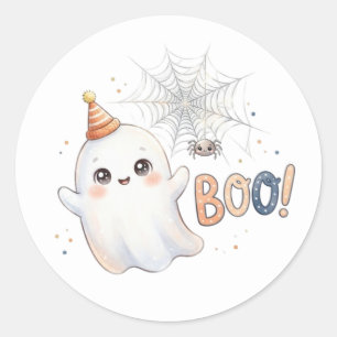 Pegatina Redonda Fantasma pequeño adorable espeluznante. ¡Buu!