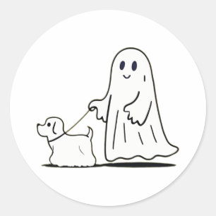 Pegatina Redonda Fantasma Perro caminante Ghostie Gracioso Hallowee