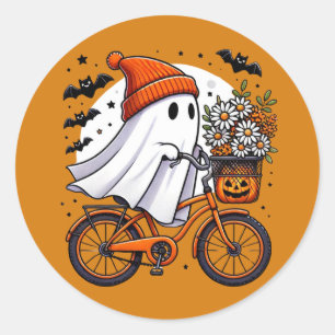 Pegatina Redonda Fantasma retro en Halloween en bicicleta