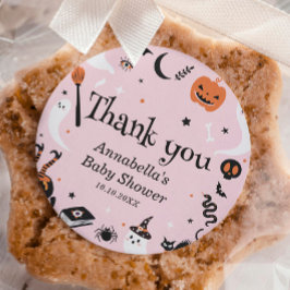 Pegatina Redonda Fantasma Rosa Halloween Baby Shower Gracias