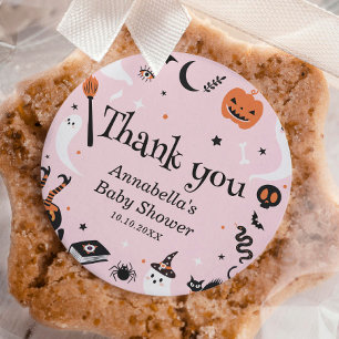 Pegatina Redonda Fantasma Rosa Halloween Baby Shower Gracias