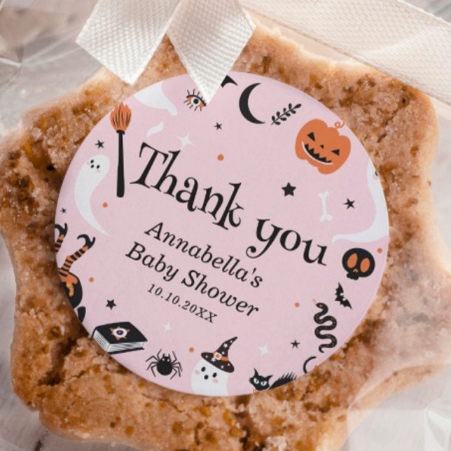Pegatina Redonda Fantasma Rosa Halloween Baby Shower Gracias (Subido por el creador)