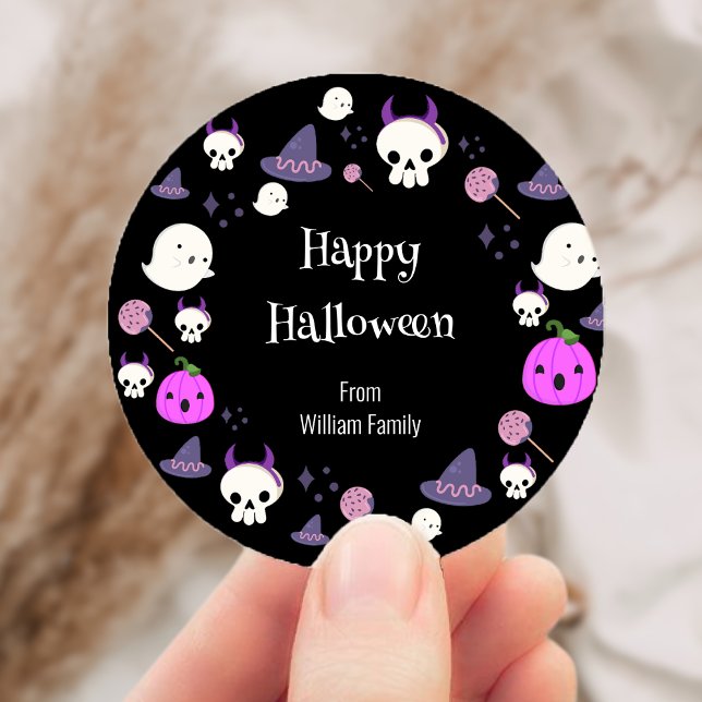 Pegatina Redonda Fantasma rosa y morado feliz Halloween (Cute Pink and Purple Ghost Happy Halloween Classic Round Sticker)
