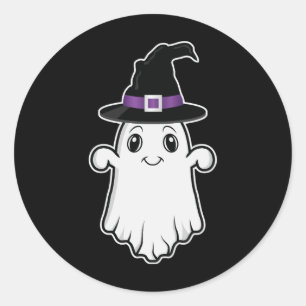 Pegatina Redonda Fantasma Sonriente Lindo Que Lleva Un Sombrero De
